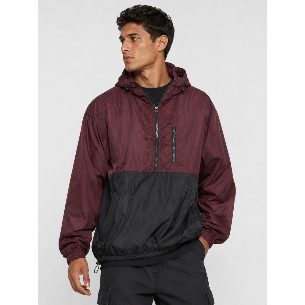 Molokai‎ Surf Co Windbreaker Jacket Burgundy Black Half Zip Anorak Hooded 2XL